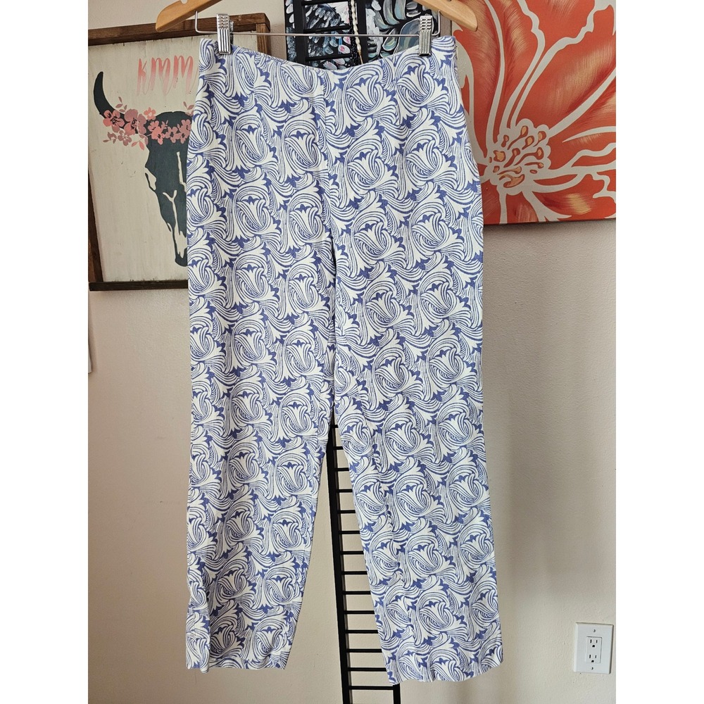 Brooks Brothers Irish Linen Blue White Scroll Print Straight Leg Pants Size 6